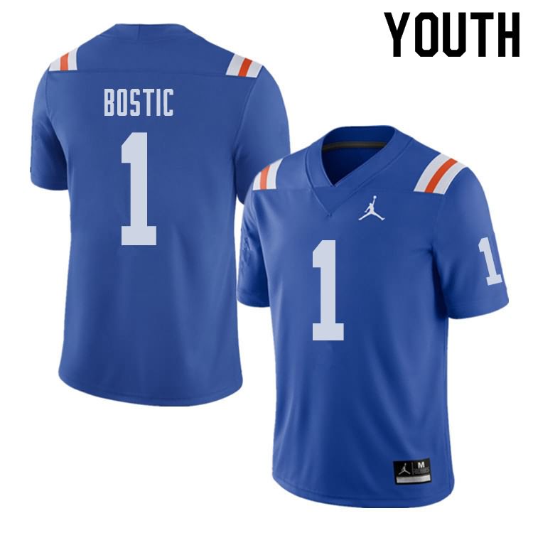 Youth NCAA Florida Gators Jonathan Bostic #1 Stitched Authentic Alternate Jordan Brand Royal Throwback College Football Jersey KUU1765KX